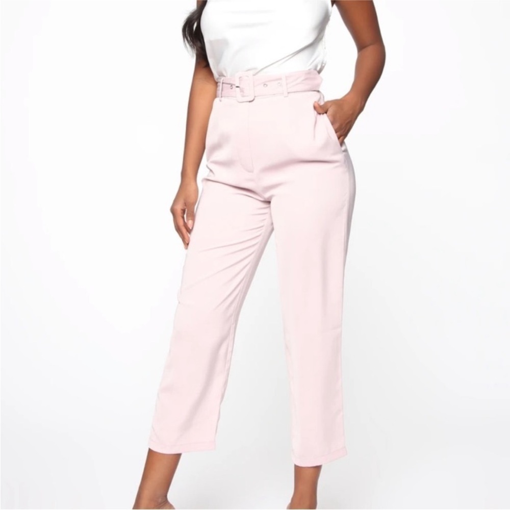 NWT Fashion Nova Irene Satin Belted High Rise Cropped Pants Mauve Pastel Pink XL